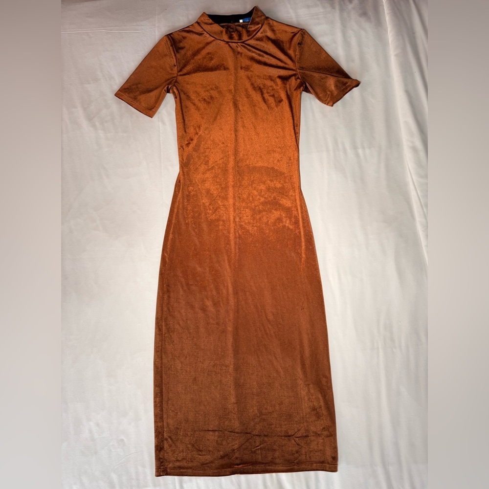 Zara Copper Bronze Velvet Midi Dress Size small women's